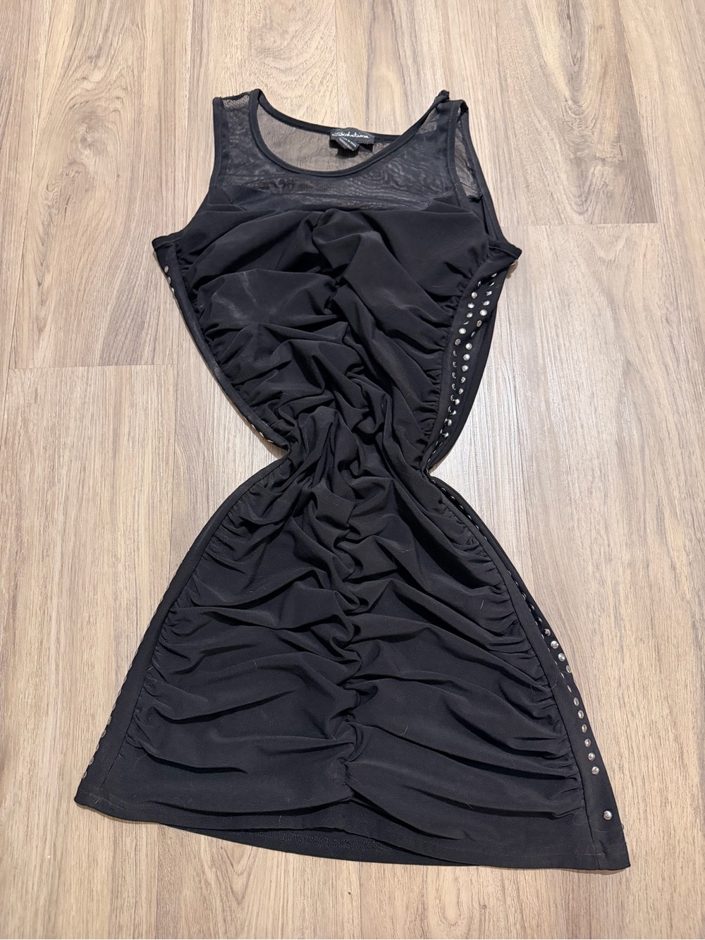 Sleeveless Black Ruched Bodycon Dress with Side Stud Details